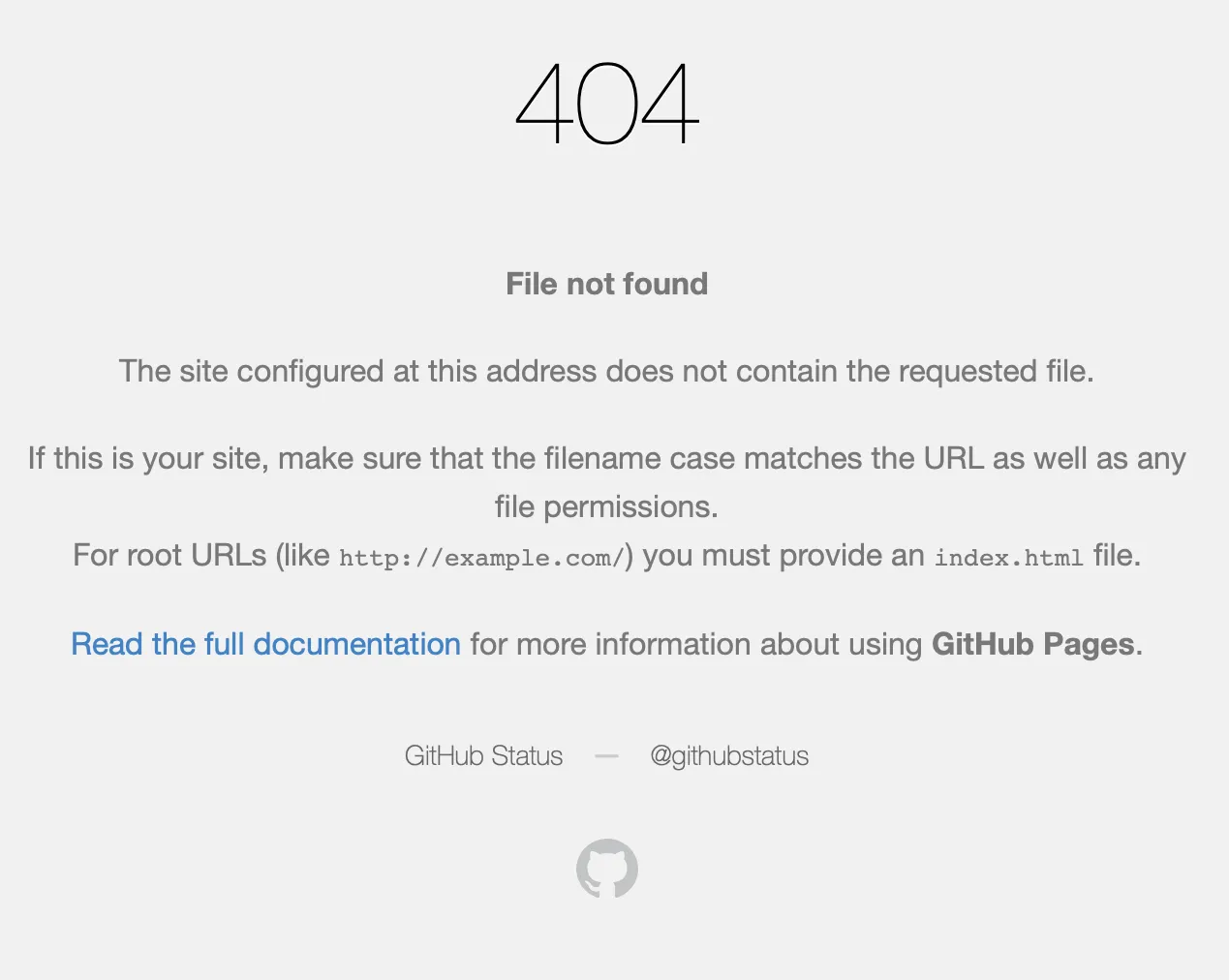 Página 404 de GitHub Pages mostrando el mensaje File not found