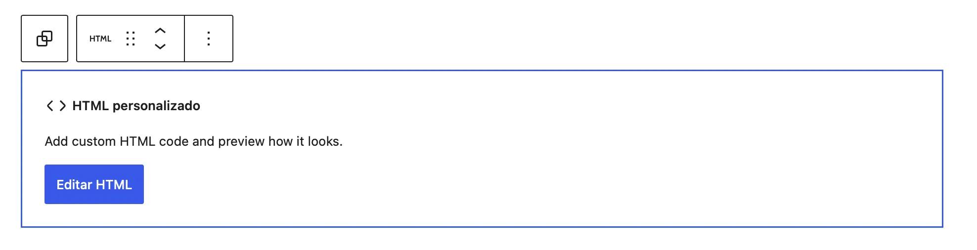 Captura de pantalla de WordPress, mostrando el editor de bloques HTML.
