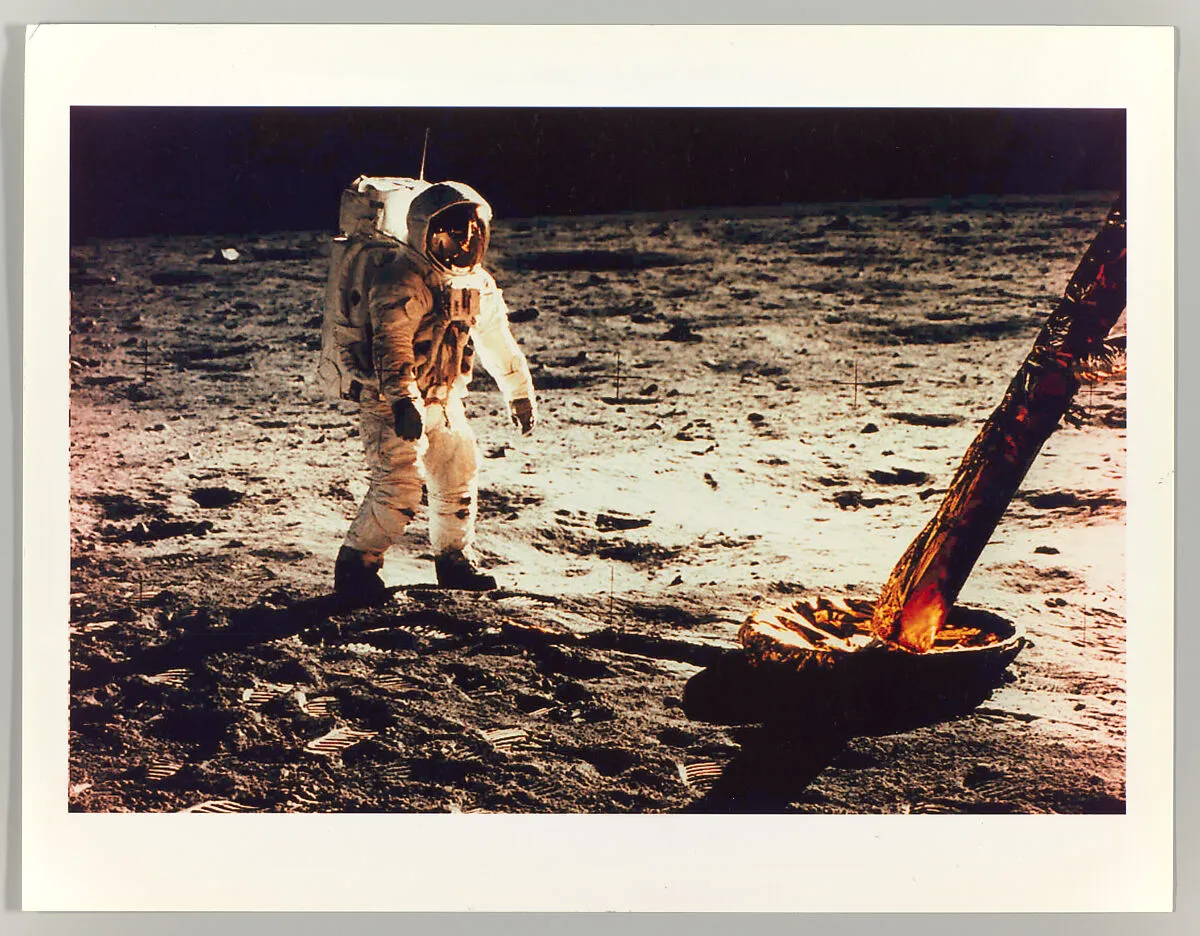 Buzz Aldrin Walking on the Surface of the Moon Near a Leg of the Lunar Module, 1969. Neil Armstrong. The Met Open Art.