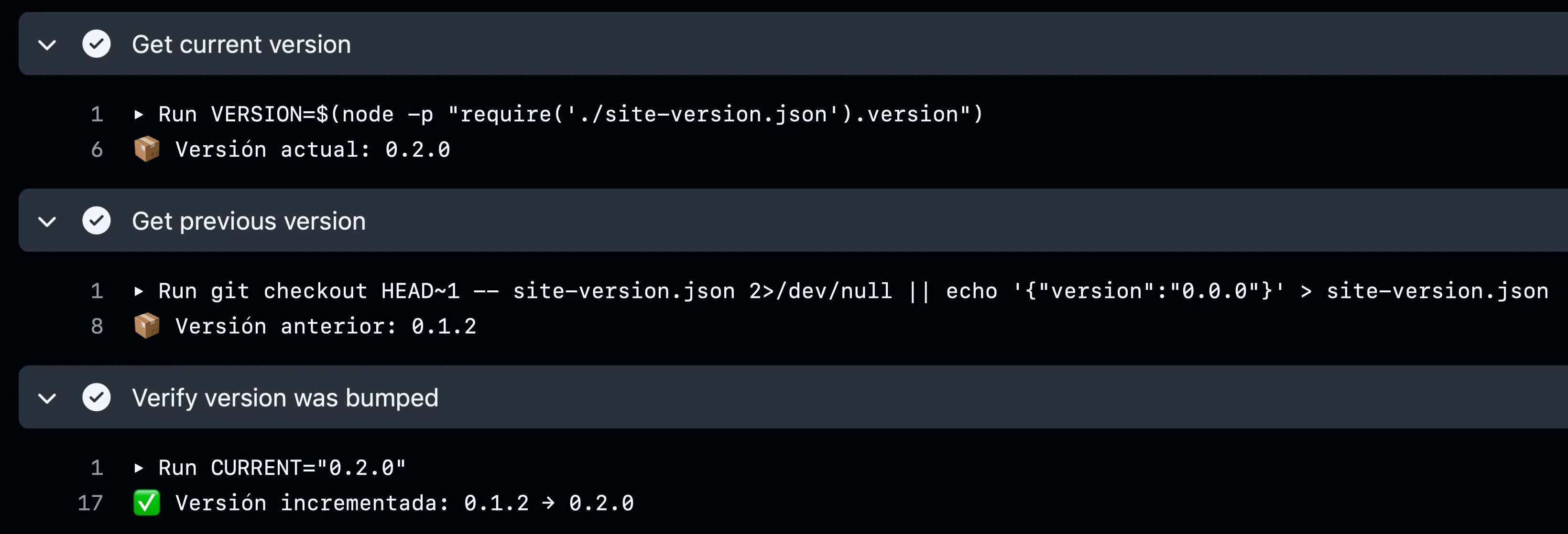 Captura de pantalla de una compilación exitosa en GitHub Actions después de pasar la verificación de versión.