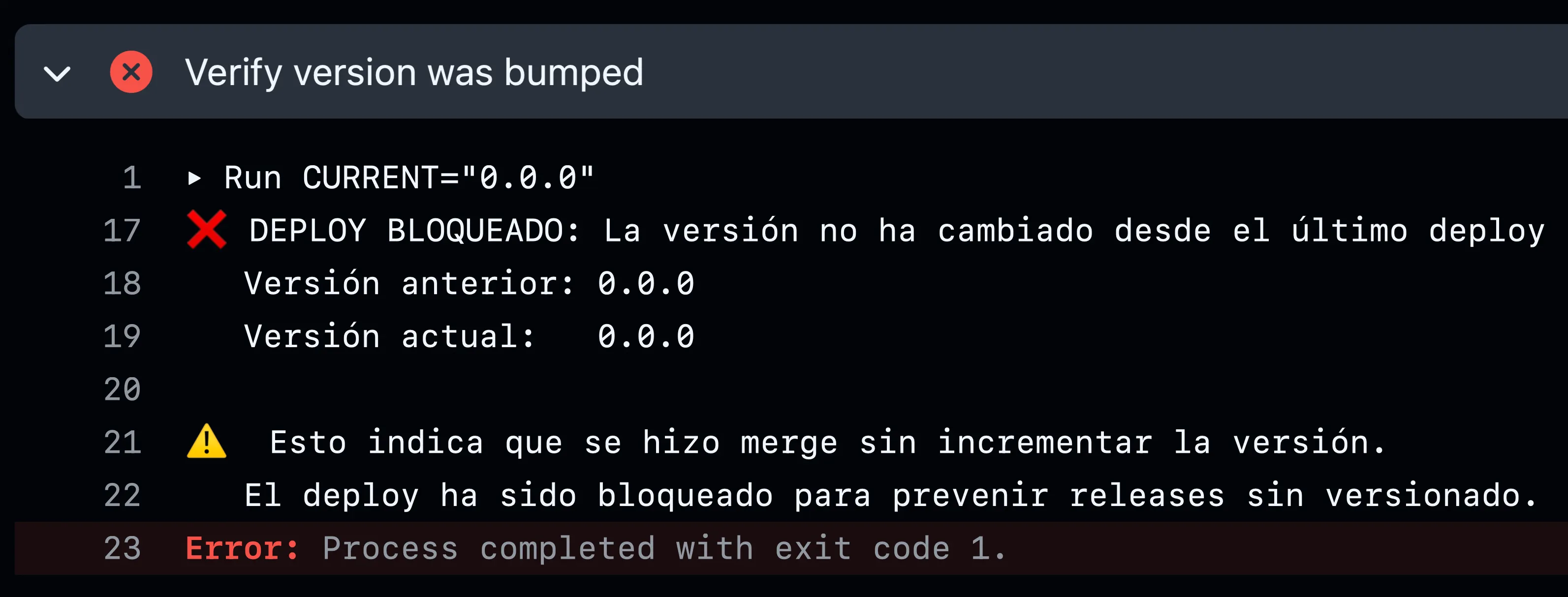 Captura de pantalla de un error de compilación en GitHub Actions debido a una falla en la verificación de versión.