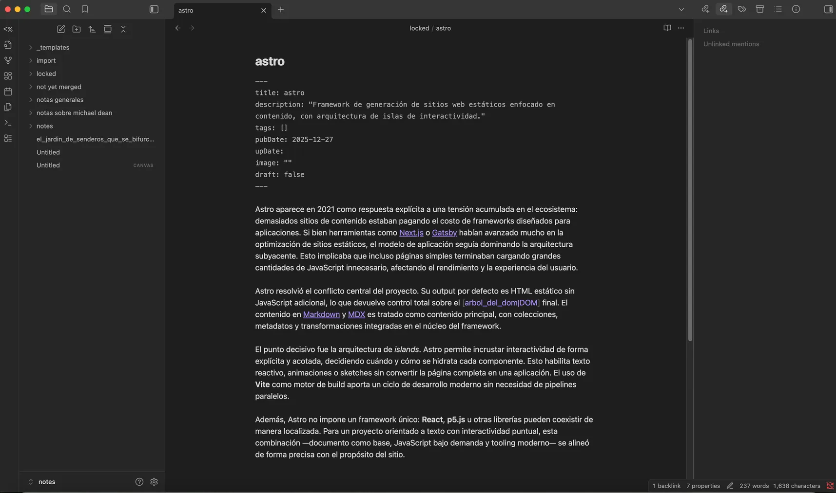 Captura de pantalla de la aplicación Obsidian