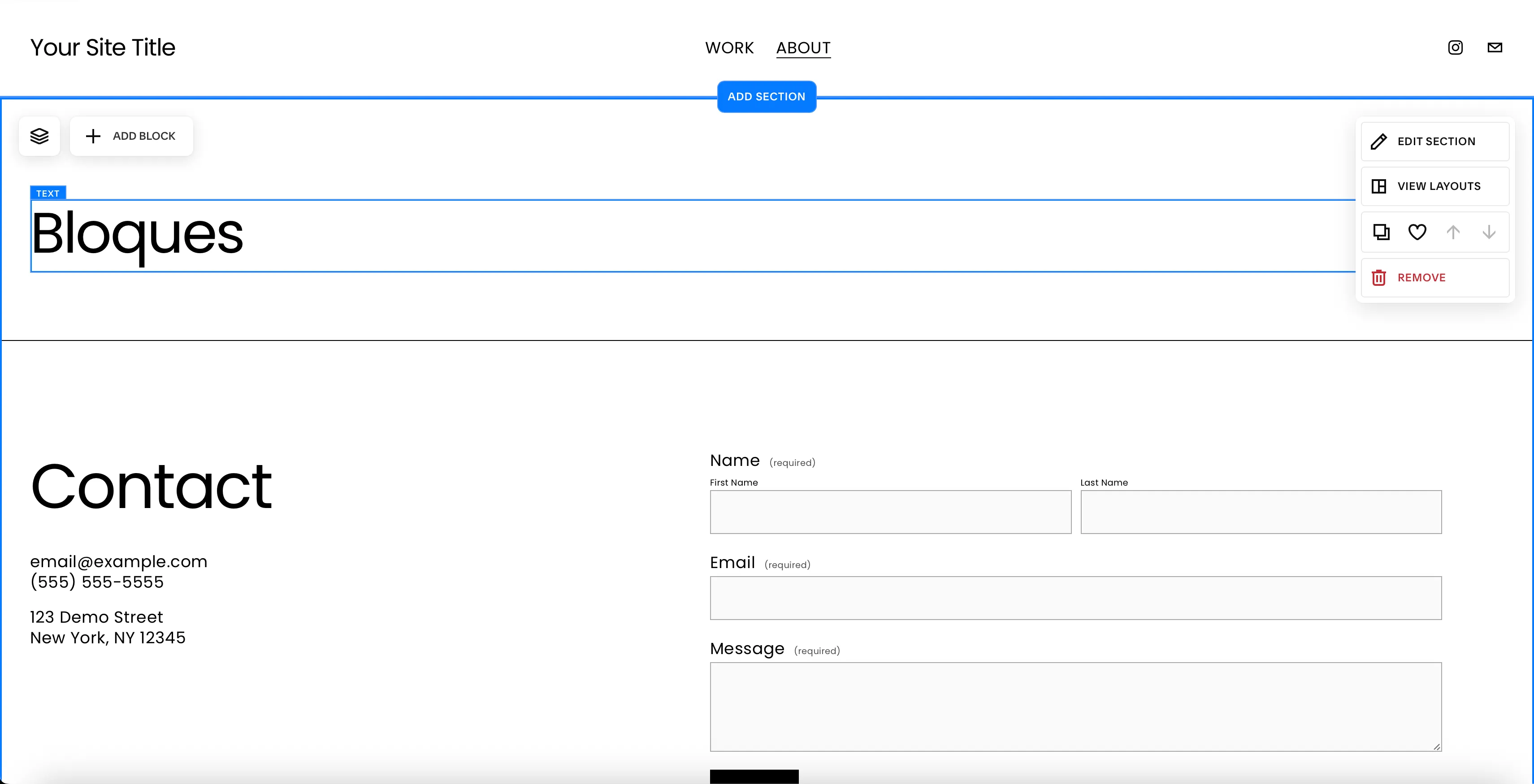 Captura de pantalla de la interfaz de Squarespace, mostrando el editor visual de bloques.