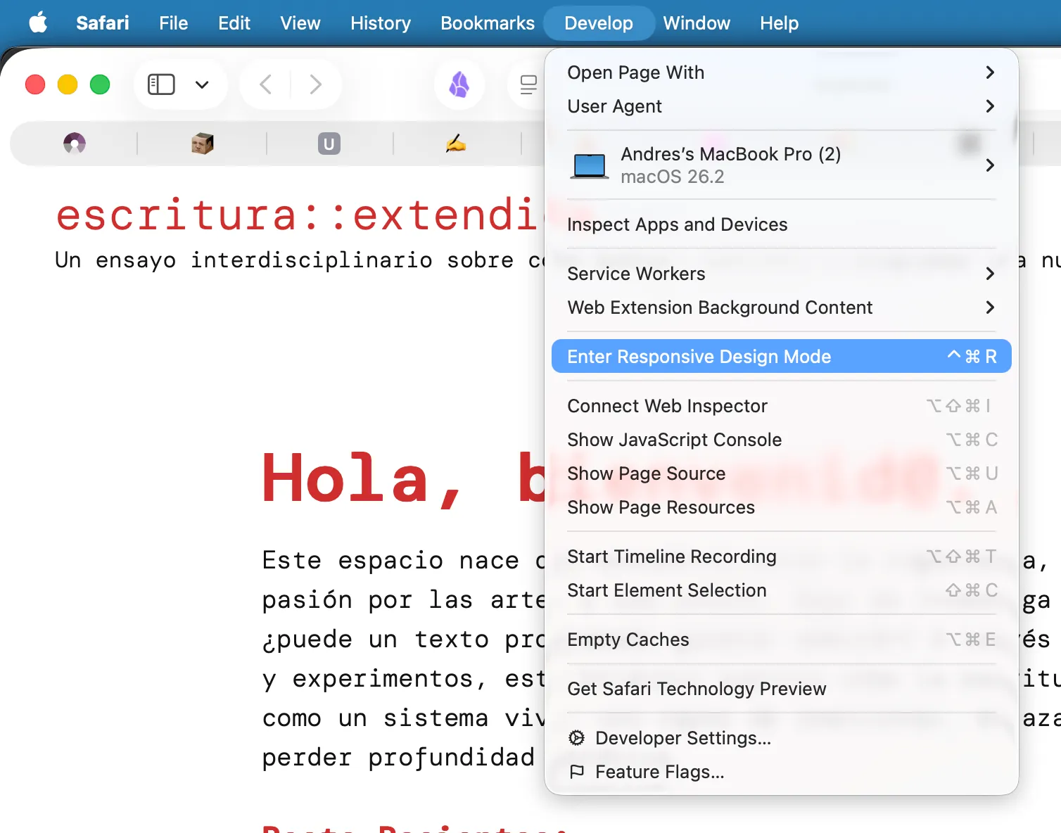 Menú de Safari mostrando la opción Enter Responsive Design Mode en el menú Develop